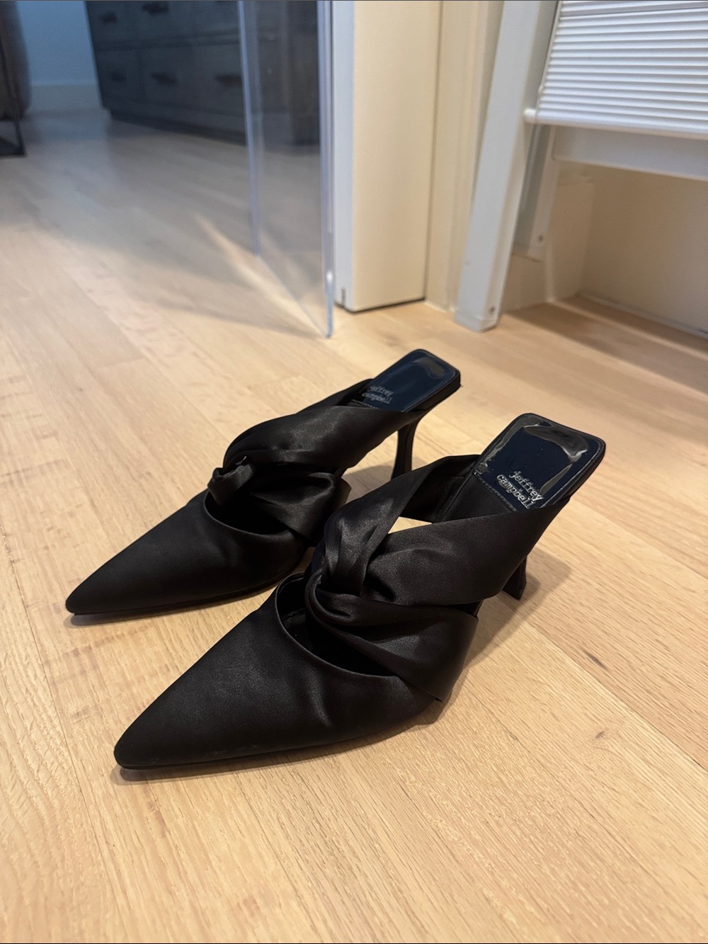 Black Knotted Satin Pointed-Toe Mule Heels